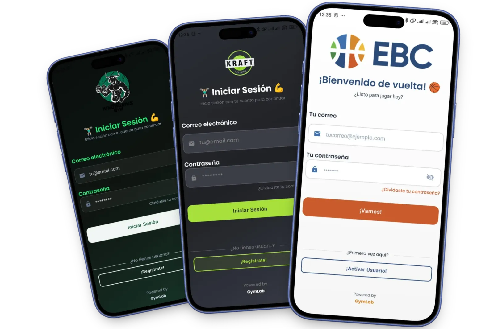 La app de GymLab con la marca de tres gimnasios distintos