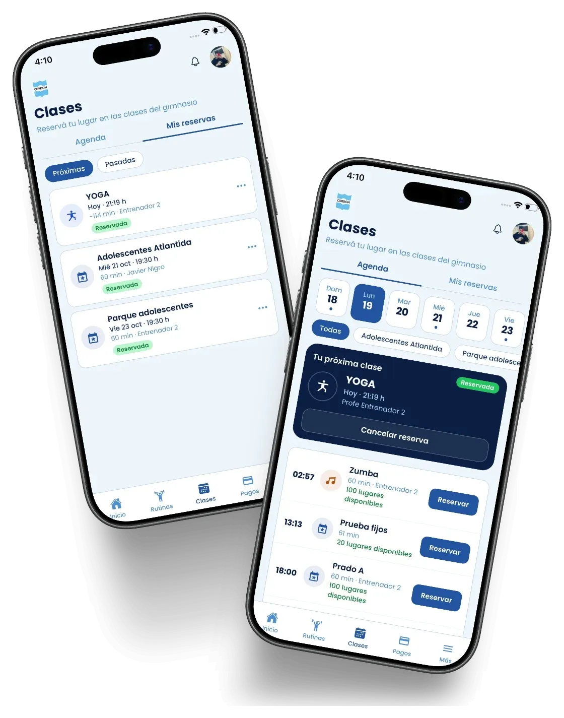 Clases en la app del socio: agenda de la semana, próxima clase reservada y lugares disponibles