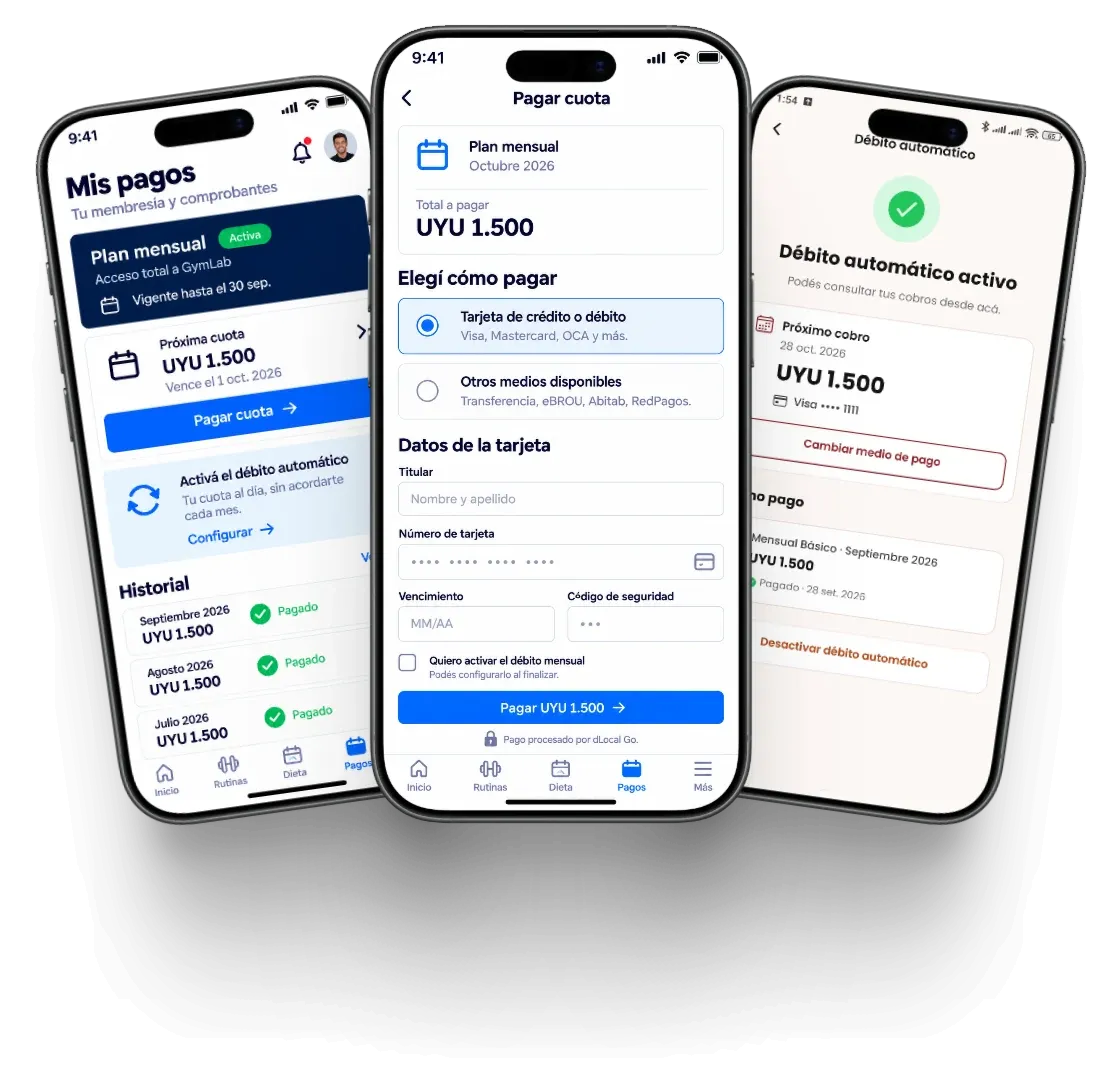 App del socio: próxima cuota, pago con tarjeta procesado por dLocal Go y débito automático activo